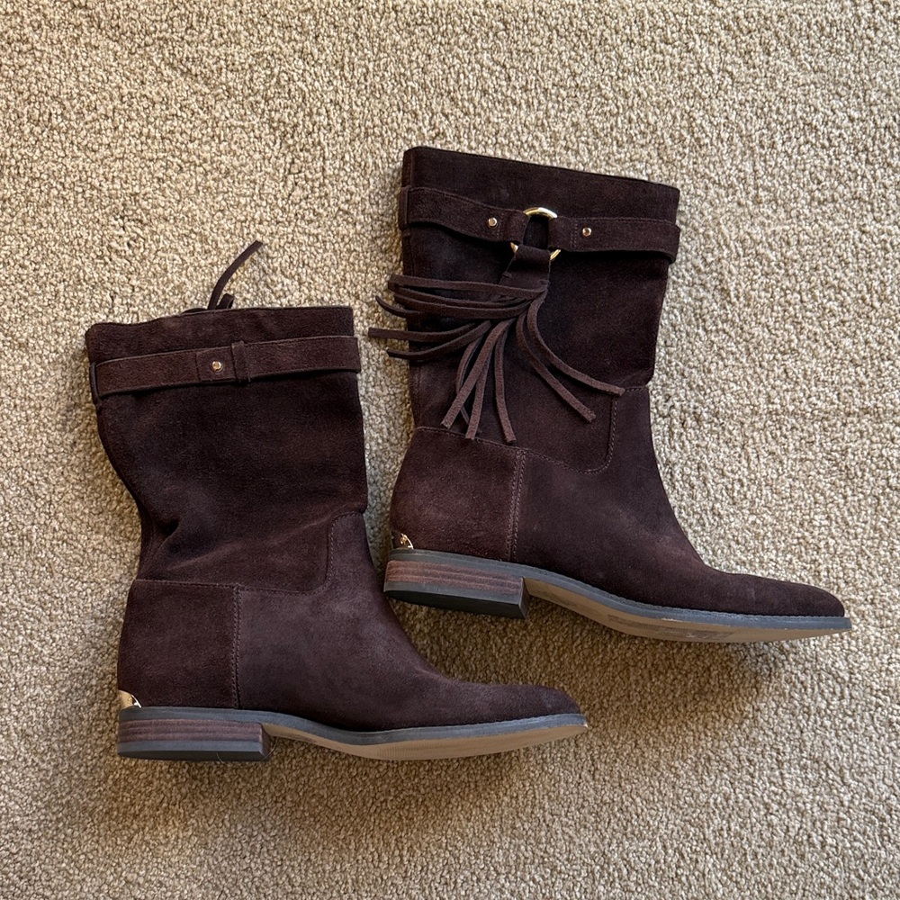 Michael Kors size 9 “Rhea” brown suede mid calf boots with fringe